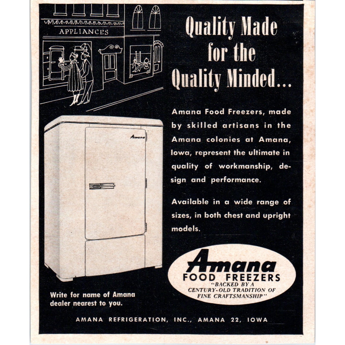 Amana Food Freezers Amana Refrigeration Inc Iowa 1951 Magazine Ad AF1-MF1