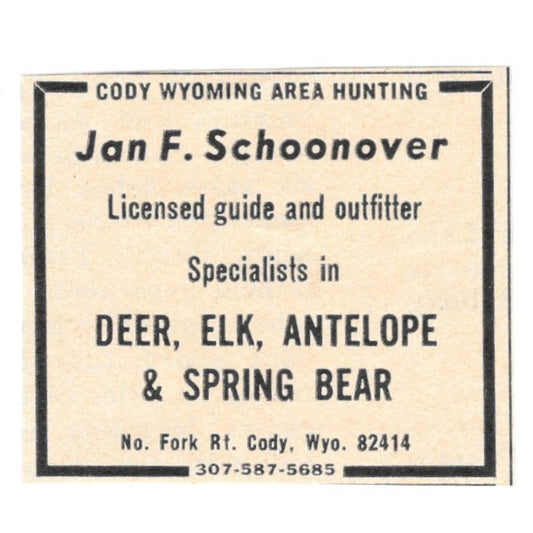 Jan F Schoonover Cody Wyoming Area Hunting 1977 Ad AF6-S4