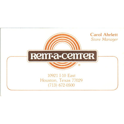 Carol Ahrlett Rent-A-Center Houston TX Vintage Business Card SD8-B4
