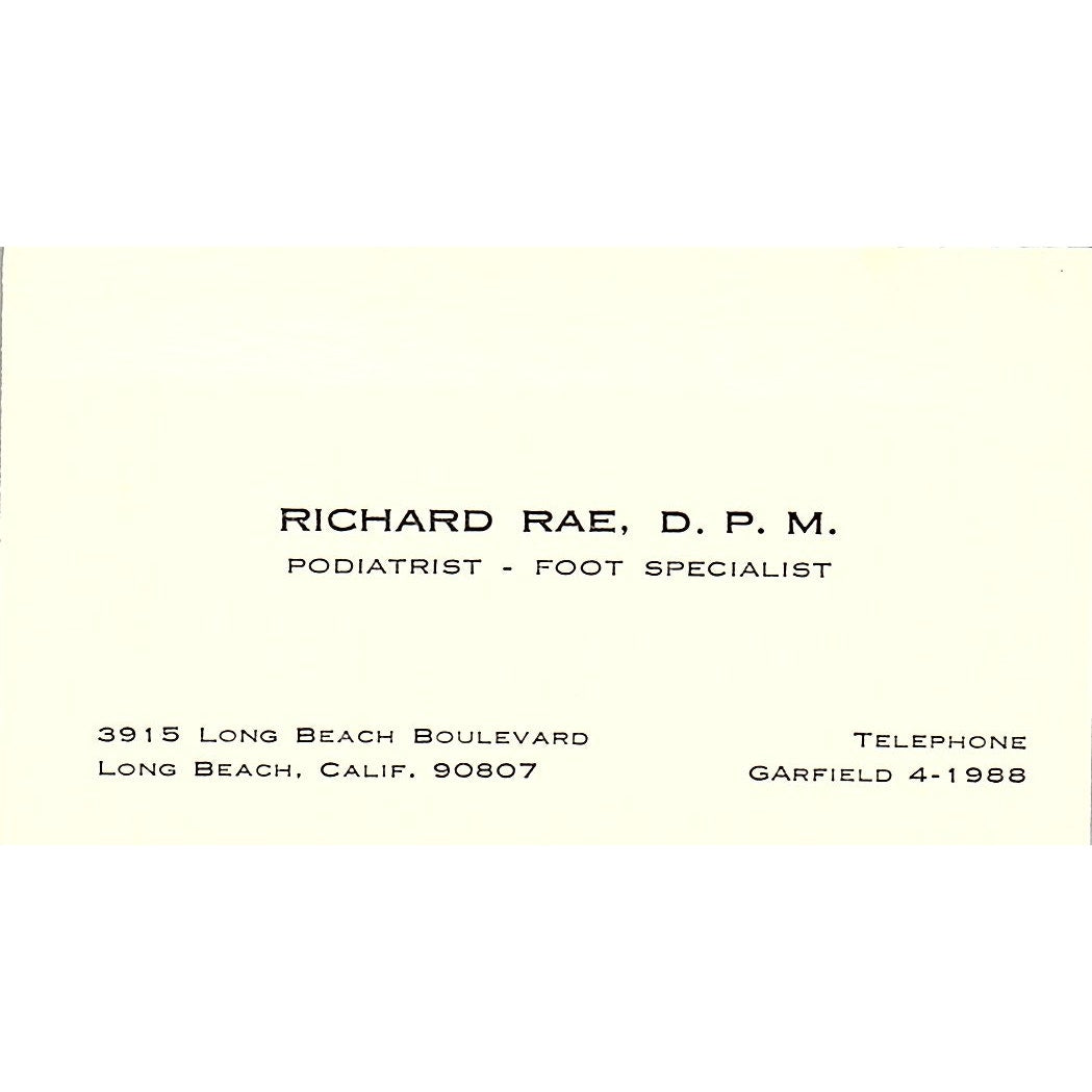 Richard Rae Podiatrist Foot Specialist Long BCH CA Vintage Business Card SB4-B2