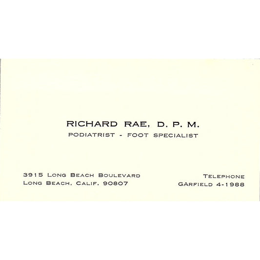 Richard Rae Podiatrist Foot Specialist Long BCH CA Vintage Business Card SB4-B2