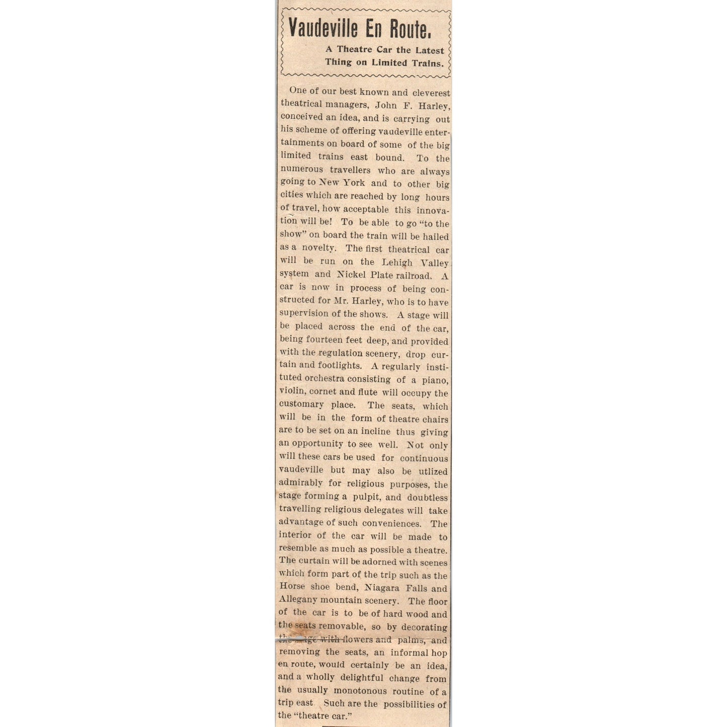 Vaudeville En Route John F. Harley Milwaukee 1898 Newspaper Clip AF7-E12