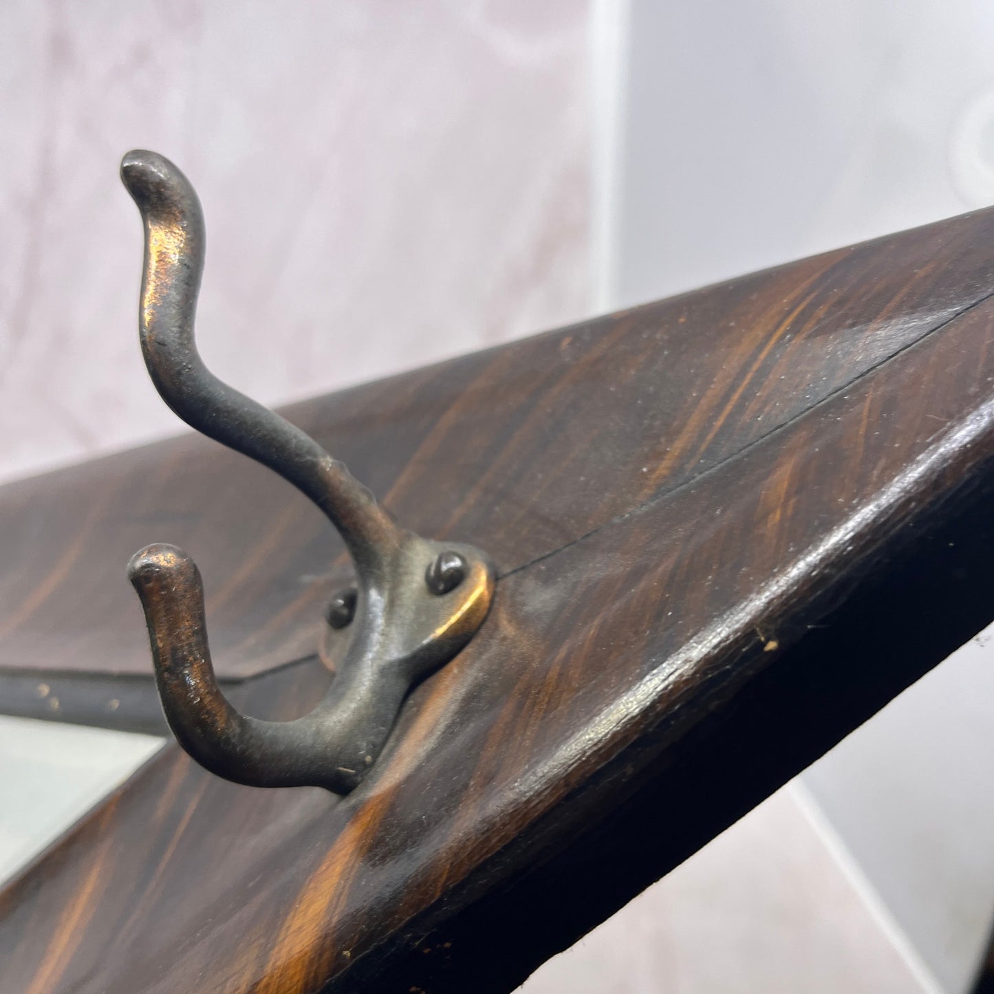 Antique Art Deco Tiger Oak Veneer Triangle Framed Mirror Hat Rack 27x13"