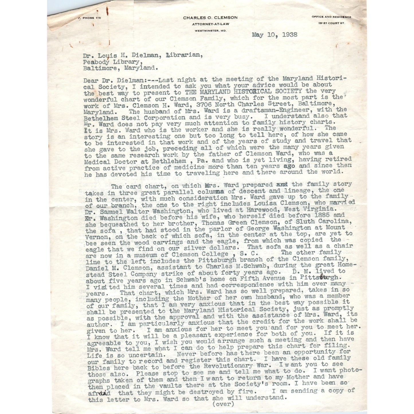 1938 Charles O. Clemson Attorney Westminster MD - Louis H. Dielman D18