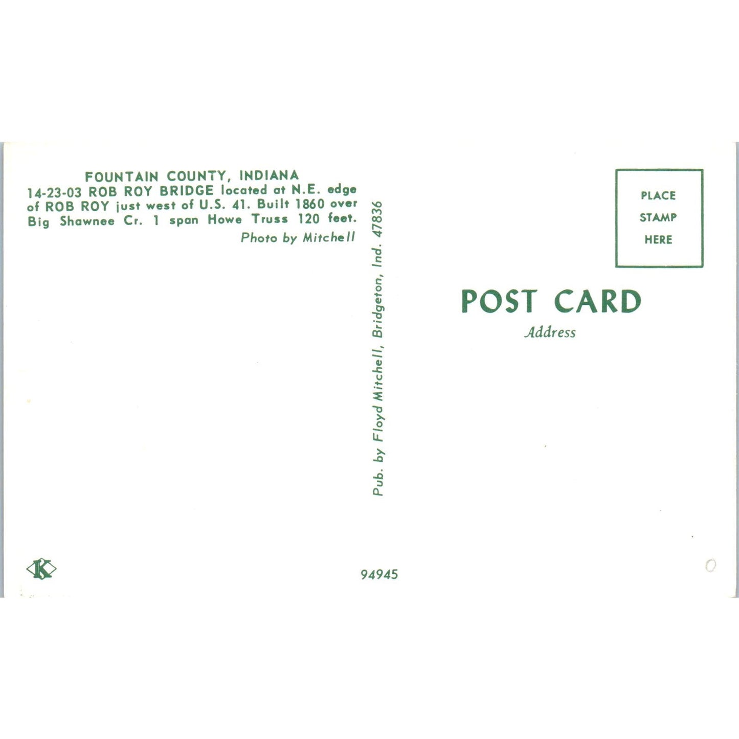 Rob Roy Bridge Fountain County IN Vintage Covered Bridge Postcard PC12