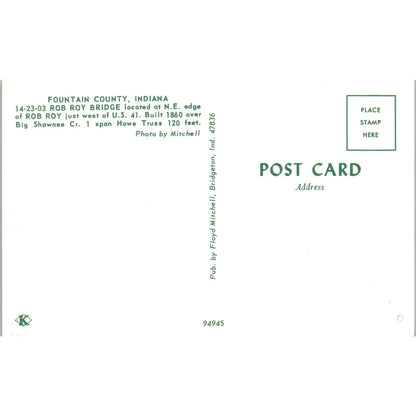 Rob Roy Bridge Fountain County IN Vintage Covered Bridge Postcard PC12