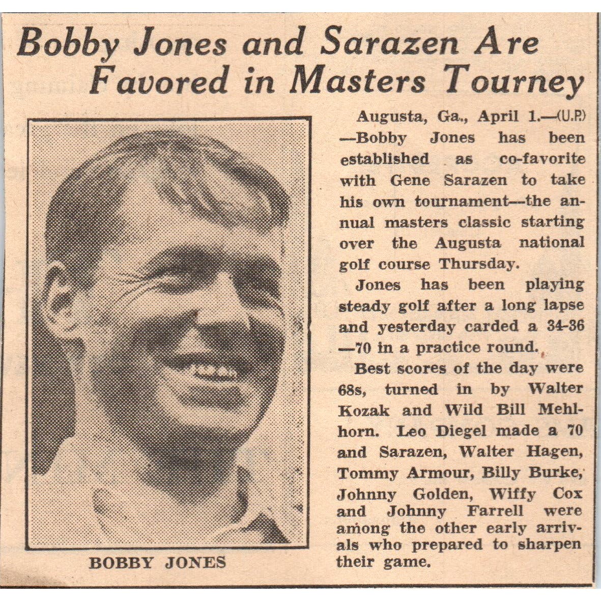 Bobby Jones Masters Tourney Favorite Golf 1935 Minneapolis Journal Article AE7N5