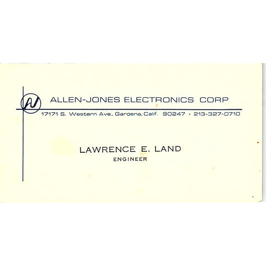 Allen-Jones Electronics Corp Lawrence E. Land Gardena CA Business Card SF3-B7