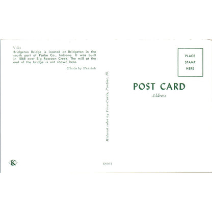 Bridgeton Bridge Parke County Indiana Vintage Covered Bridge Postcard PD6