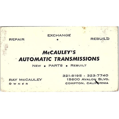 Ray McCauley Automatic Transmissions Compton CA Vintage Business Card SE3-B13