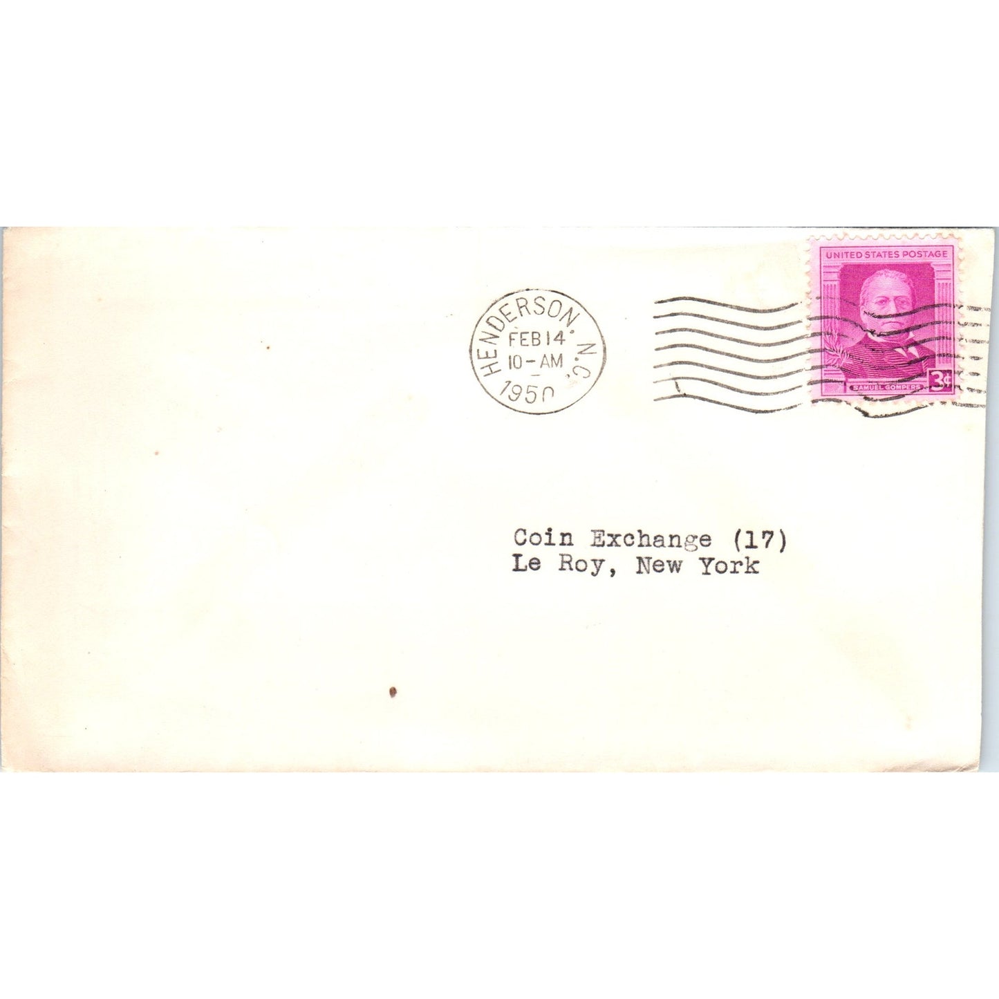 Henderson NC to Coin Exchange LeRoy New York 1950 Postal Cover Envelope TG7-PC1
