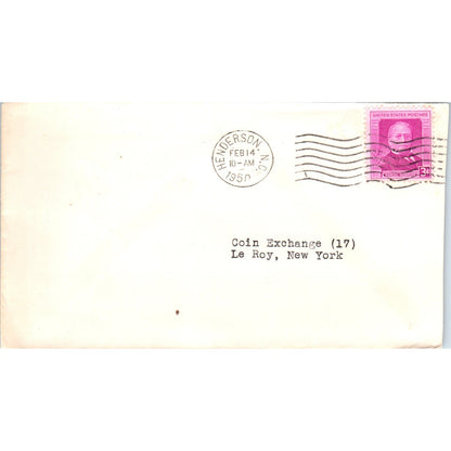Henderson NC to Coin Exchange LeRoy New York 1950 Postal Cover Envelope TG7-PC1