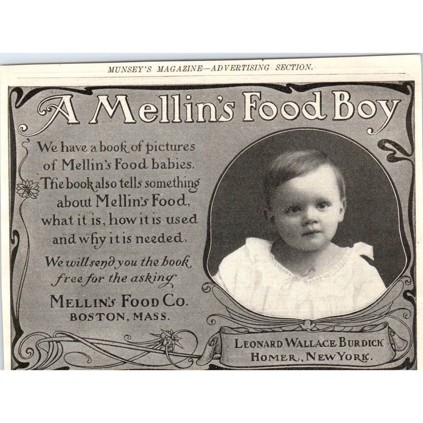 Mellin's Food Co Boston Leonard Wallace Burdick c1905 Advertisement AE7-A2