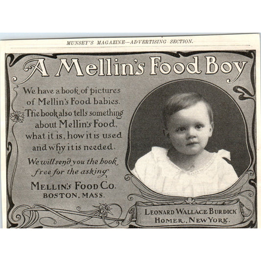 Mellin's Food Co Boston Leonard Wallace Burdick c1905 Advertisement AE7-A2