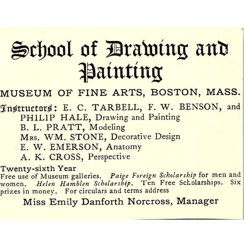 School of Drawing & Painting Emily Danforth Norcross F.W. Benson 1902 Ad AF4-13