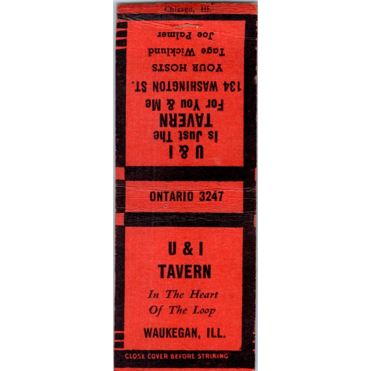 U & I Tavern Waukegan Illinois Vintage Matchbook Cover SF4-Y4