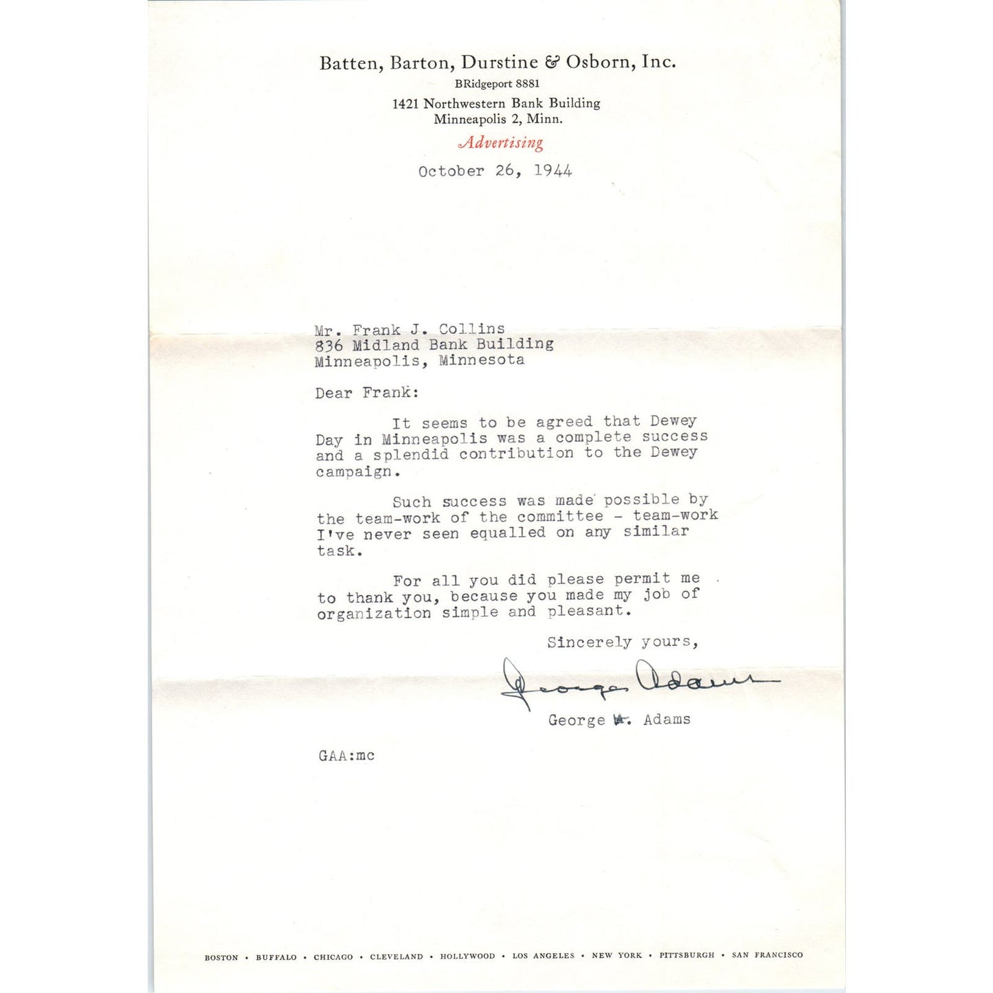 1944 Batten, Barton, Durstine & Osborn Inc Advertising Memo Minneapolis MN D9