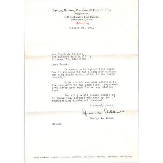 1944 Batten, Barton, Durstine & Osborn Inc Advertising Memo Minneapolis MN D9