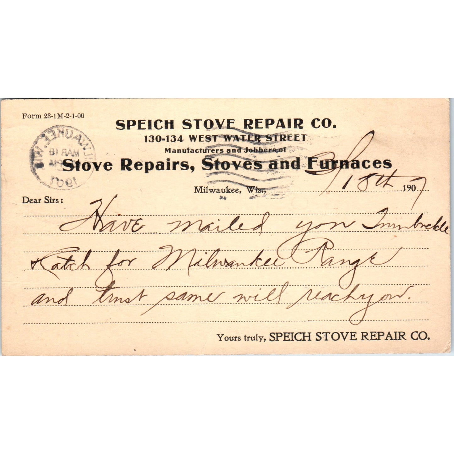 1907 Speich Stove Repair Co Milwaukee WI Postal Mailing Card PE7