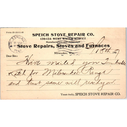 1907 Speich Stove Repair Co Milwaukee WI Postal Mailing Card PE7