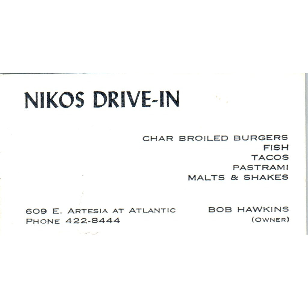 Niko's Drive In Bob Hawkins Long Beach CA Vintage Business Card SD8-B7