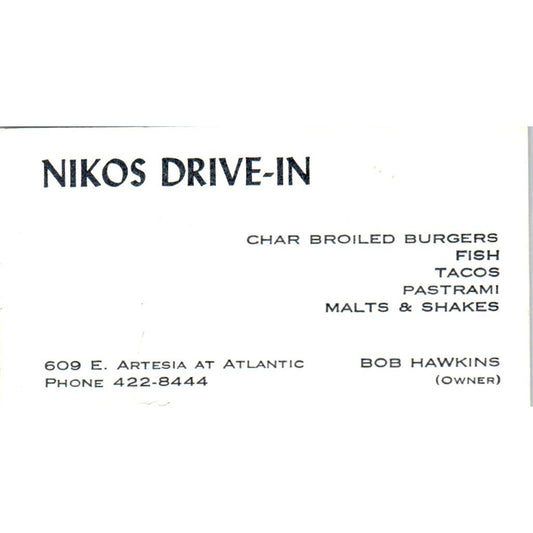 Niko's Drive In Bob Hawkins Long Beach CA Vintage Business Card SD8-B7
