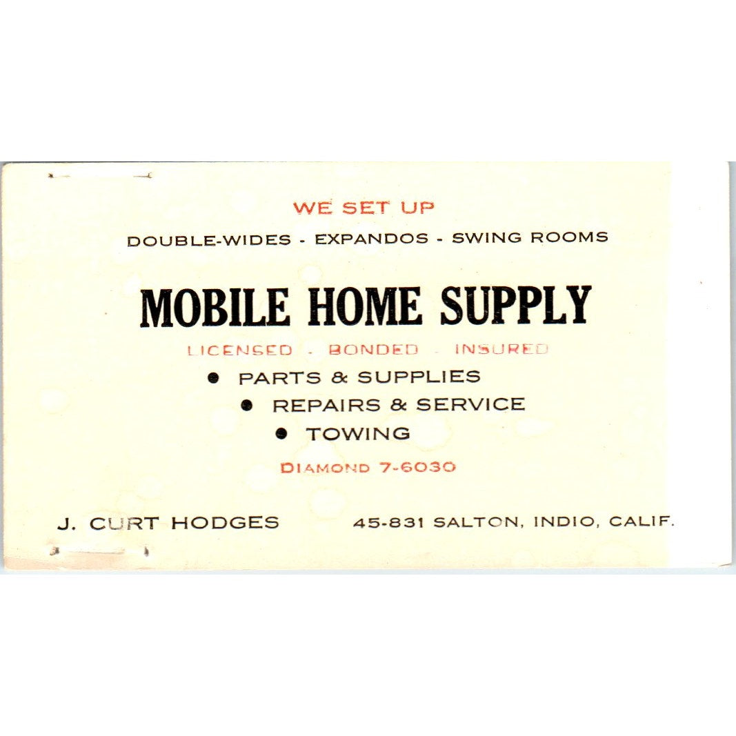 J. Curt Hodges Mobile Home Supply Indio CA Vintage Business Card SD8-B3