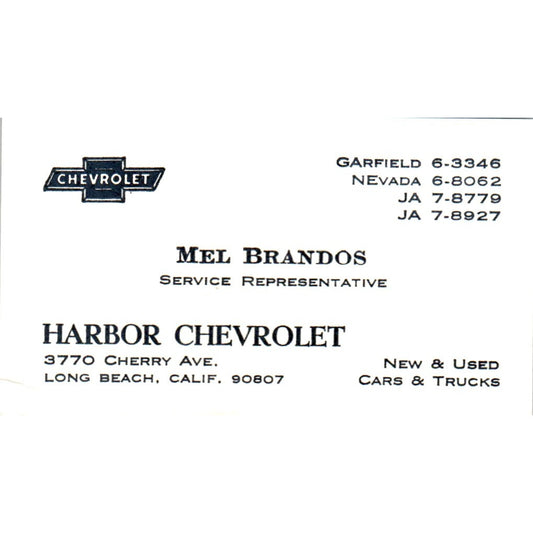 Mel Brandos Harbor Chevrolet Long Beach CA Vintage Business Card SE3-B7