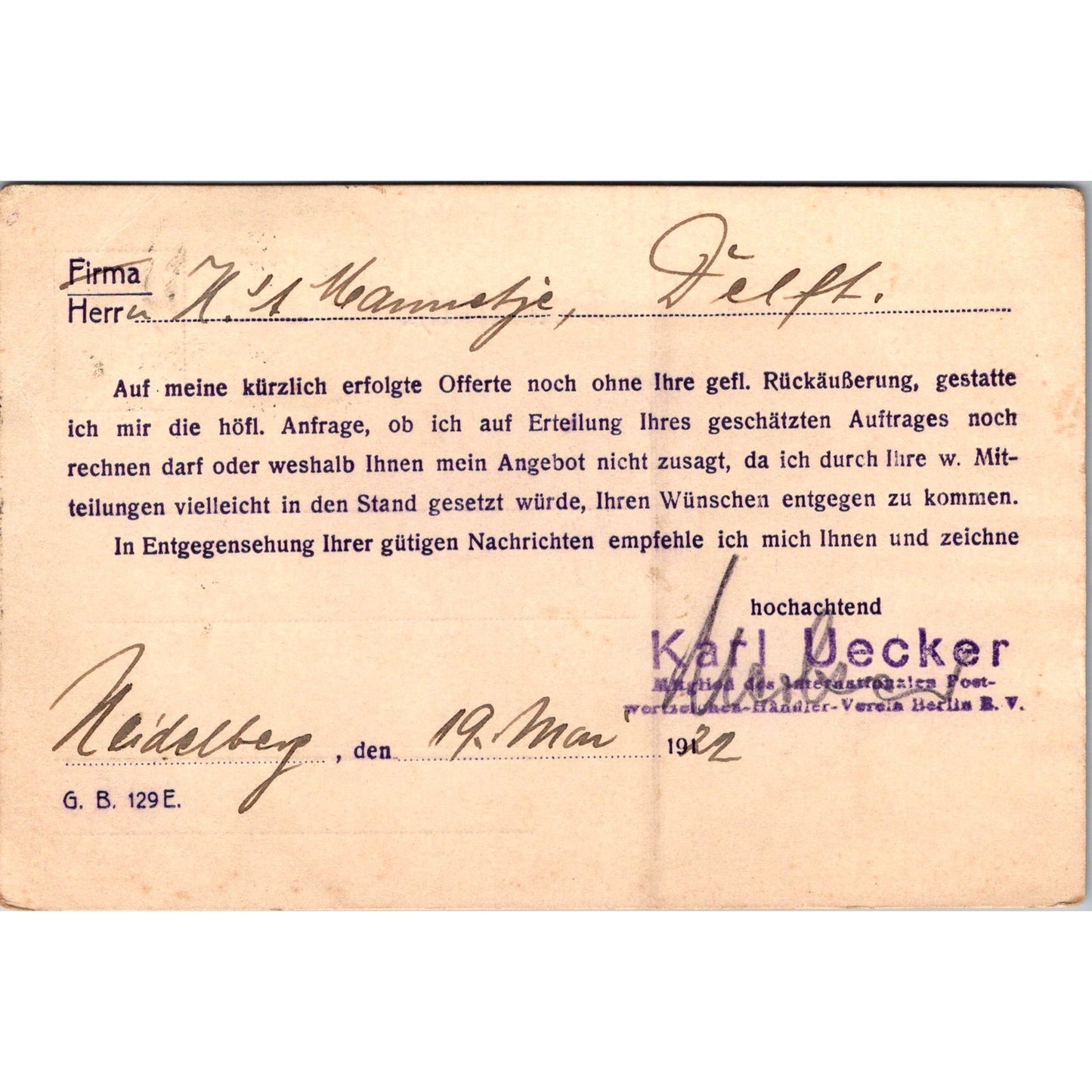 Karl Uecker Heidelberg 1922 German Reich Postcard P5-11