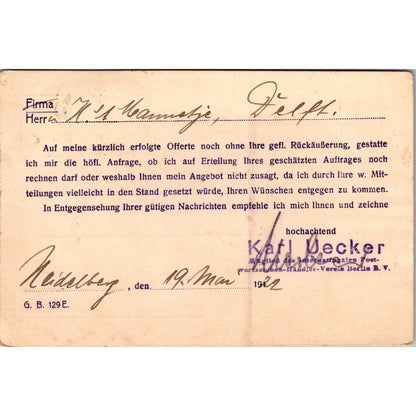 Karl Uecker Heidelberg 1922 German Reich Postcard P5-11
