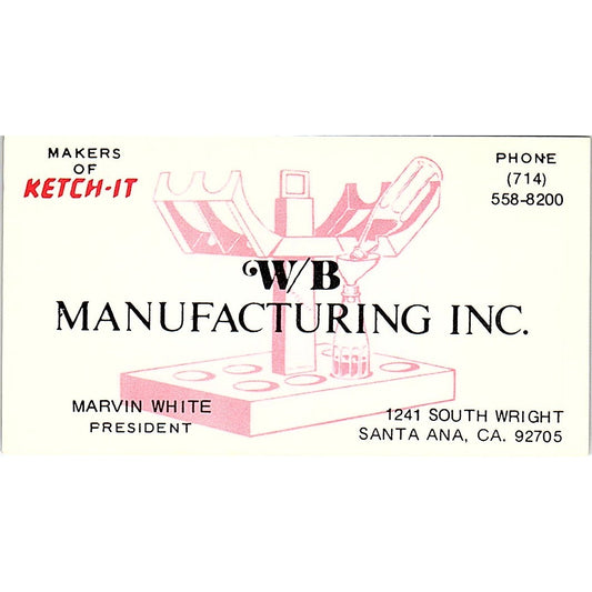 Marvin White WB Manufacturing Inc Santa Ana CA Vintage Business Card SD9-B10