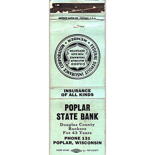 Poplar State Bank Poplar WI Vintage Matchbook Cover SC7-Y11