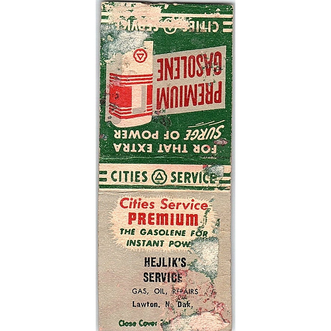 Hejlik's Cities Service Gas Station Lawton ND Vintage Matchbook Cover SF3-Y2
