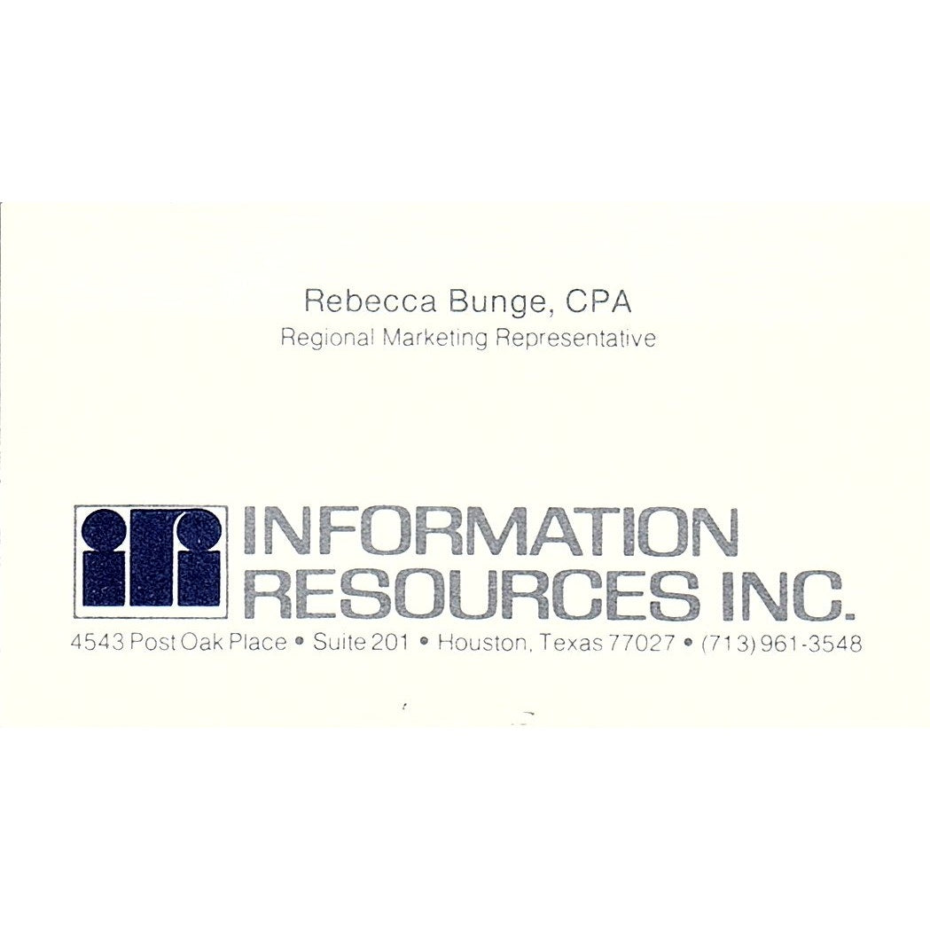 Rebecca Bunge CPA Information Resources Inc Houston Vtg Business Card SE3-B16