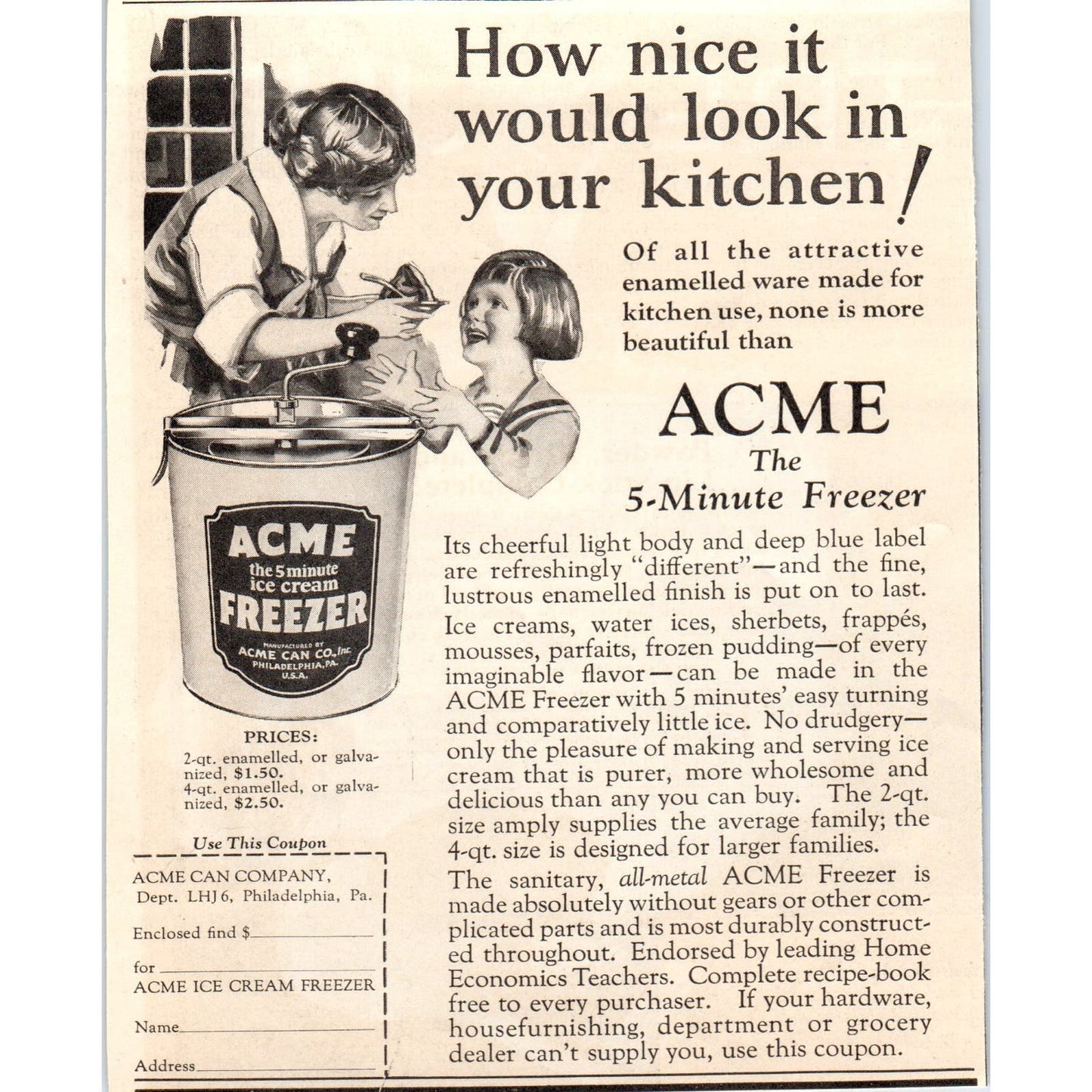 Acme Can Co. 5 Minute Ice Cream Freezer 1924 Magazine Ad AF7-LJ1
