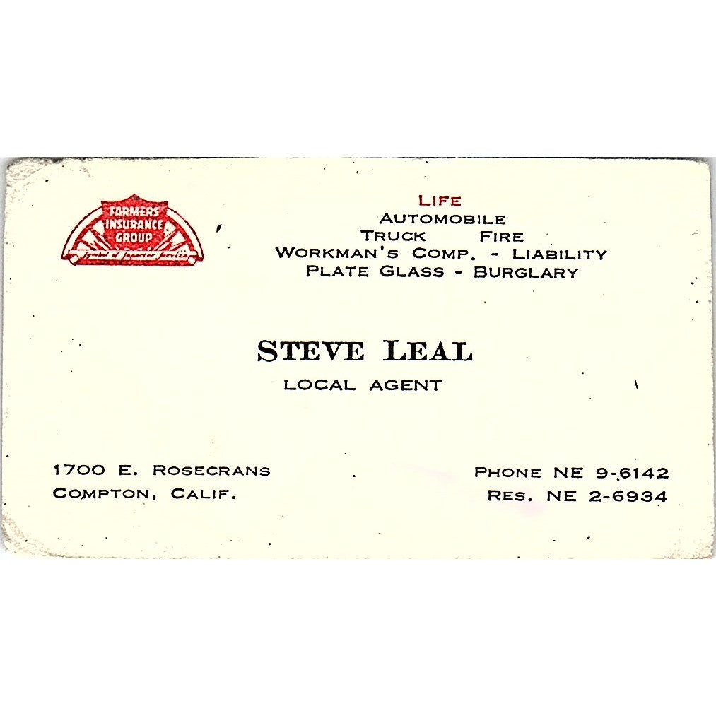 Farmers Insurance Group Steve Leal Compton CA Vintage Business Card SB4-B3