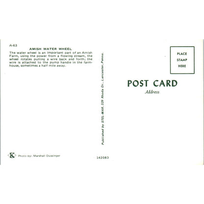 Amish Water Wheel Pennsylvania Dutch Country Postcard PD7