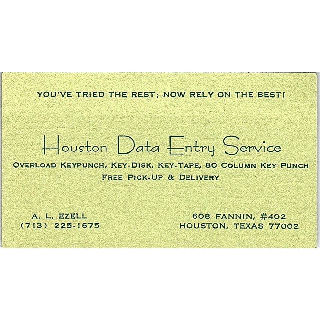 A.L. Ezell Houston Data Entry Service Houston TX Vintage Business Card SD9-B2