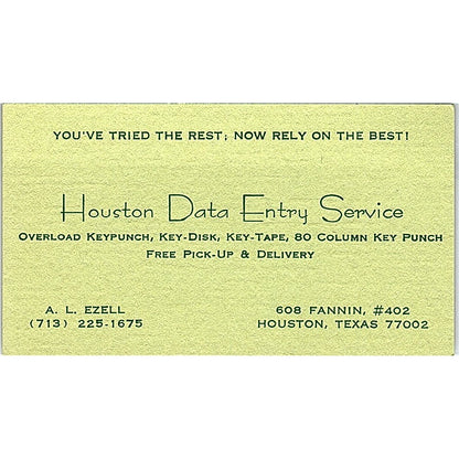 A.L. Ezell Houston Data Entry Service Houston TX Vintage Business Card SD9-B2