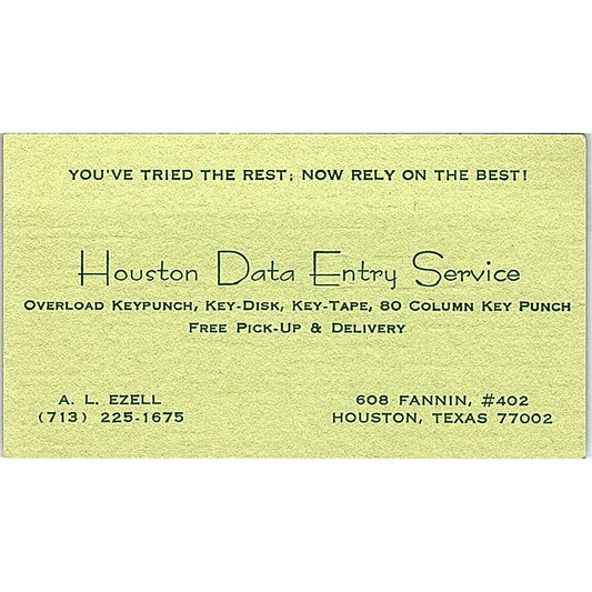 A.L. Ezell Houston Data Entry Service Houston TX Vintage Business Card SD9-B2