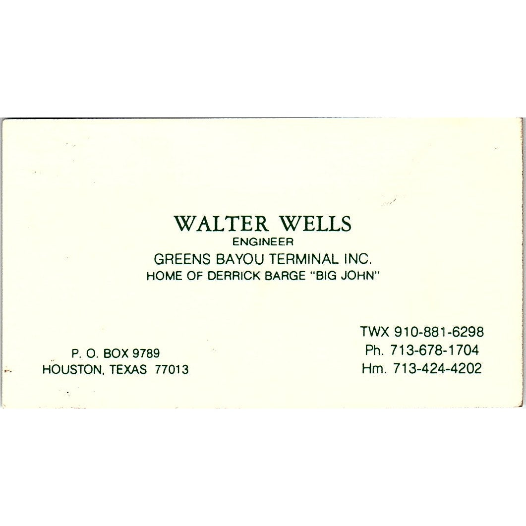 Greens Bayou Terminal Walter Wells Houston Texas Vintage Business Card SF3-B5