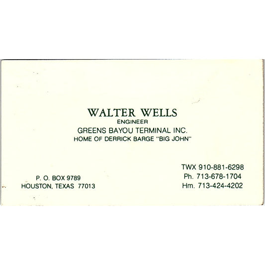 Greens Bayou Terminal Walter Wells Houston Texas Vintage Business Card SF3-B5