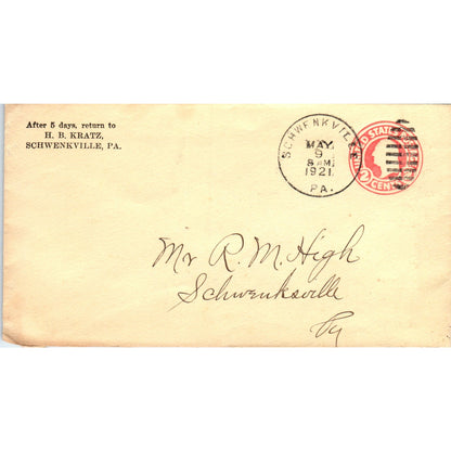 1921 H.B. Kratz Schwenksville PA to R.M. High Postal Cover Envelope TG7-PC2