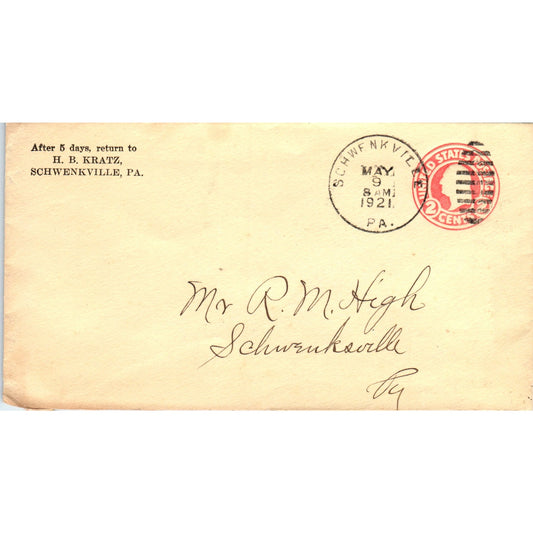 1921 H.B. Kratz Schwenksville PA to R.M. High Postal Cover Envelope TG7-PC2