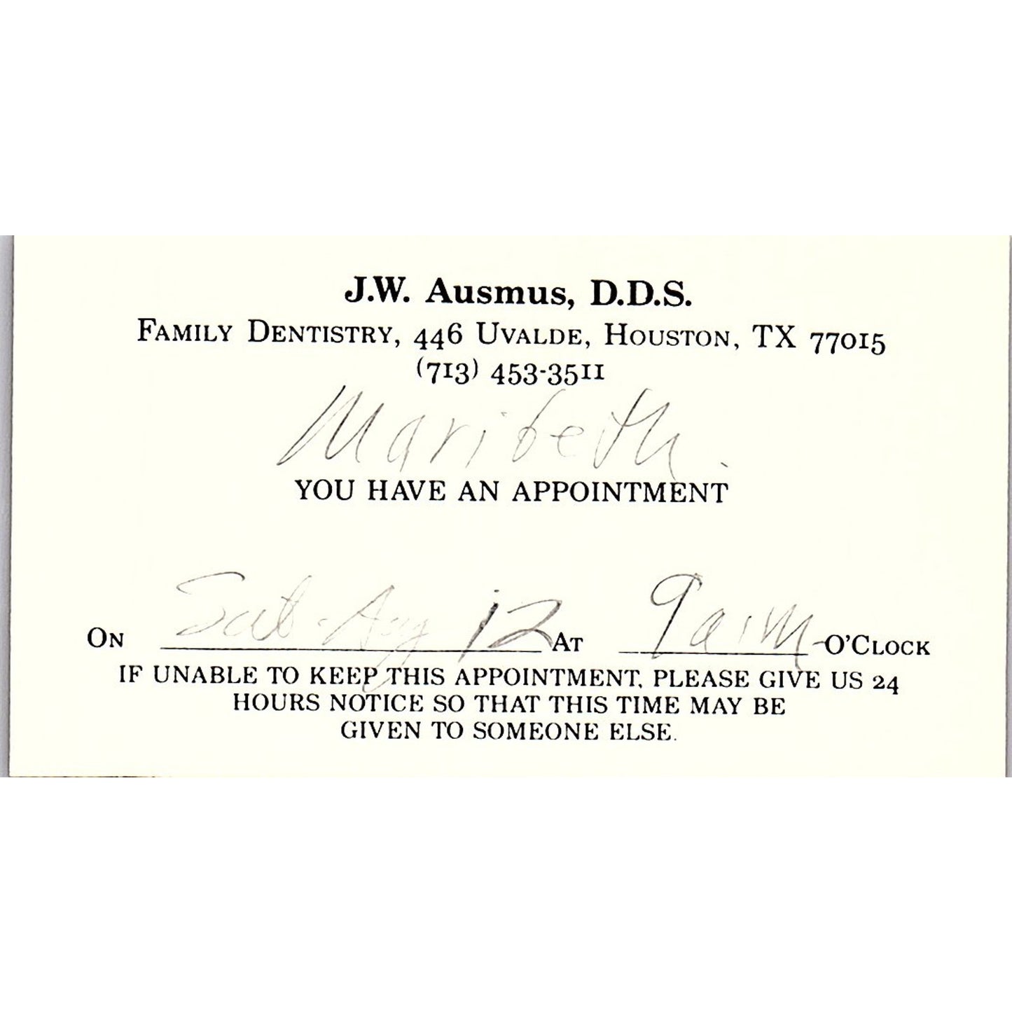 J.W. Ausmus DDS Family Dentistry Houston Vintage Business Card SC9-B5
