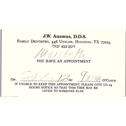 J.W. Ausmus DDS Family Dentistry Houston Vintage Business Card SC9-B5