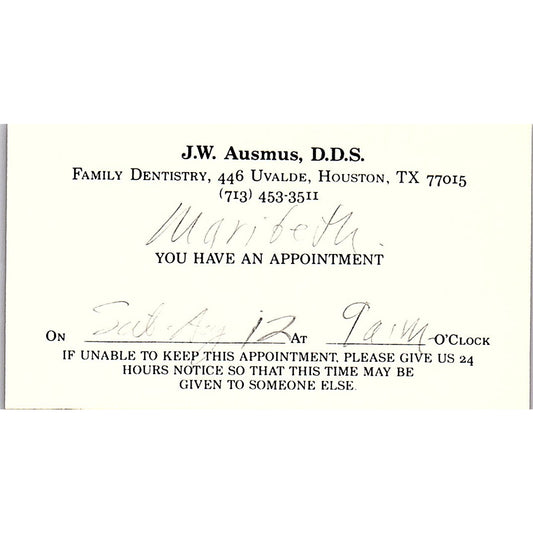 J.W. Ausmus DDS Family Dentistry Houston Vintage Business Card SC9-B5