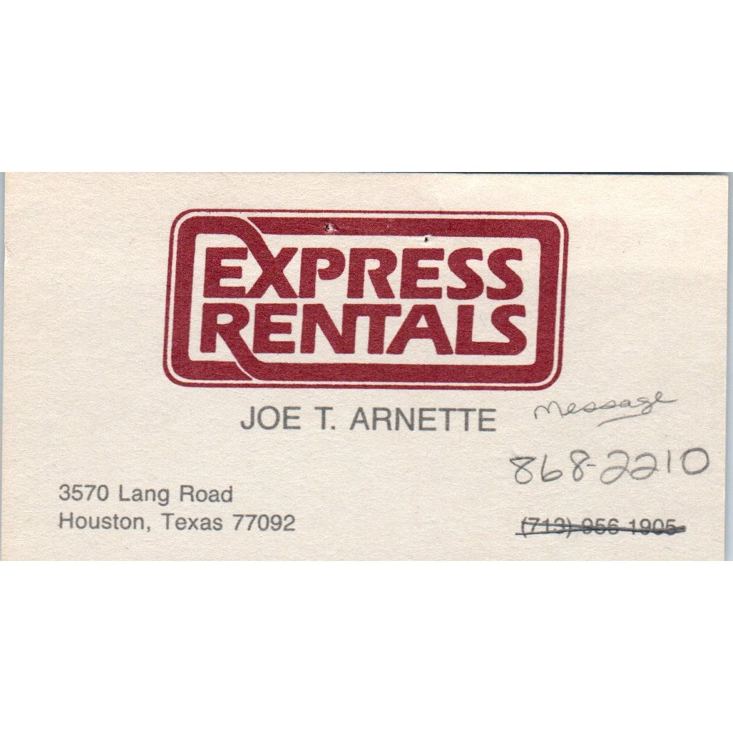 Joe T. Arnette Express Rentals Houston TX Vintage Business Card SD8-B4