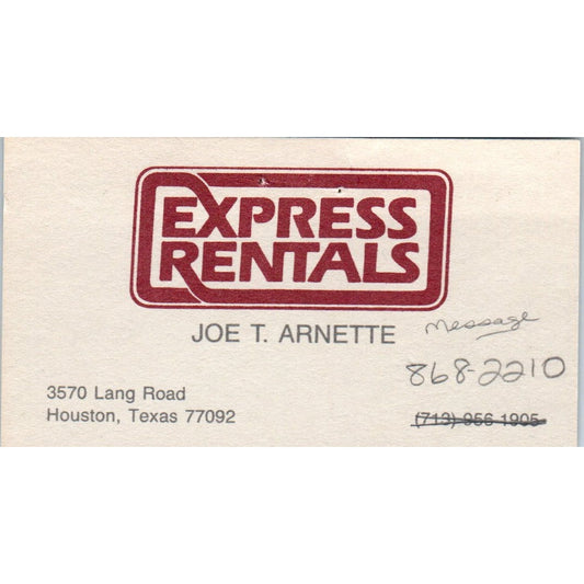Joe T. Arnette Express Rentals Houston TX Vintage Business Card SD8-B4