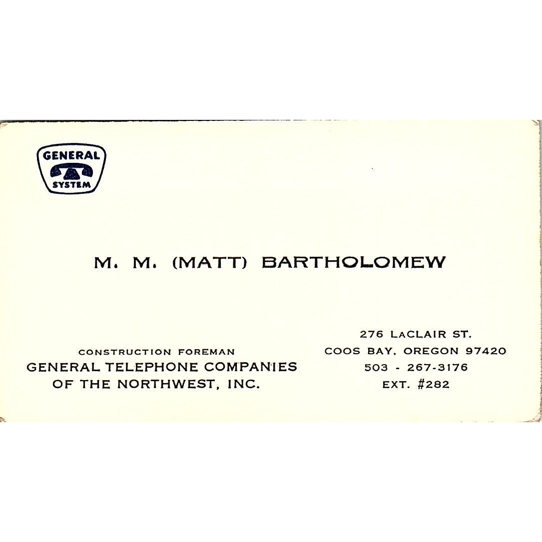 M.M Matt Bartholomew General Telephone Coos Bay OR Vintage Business Card SC9-B13
